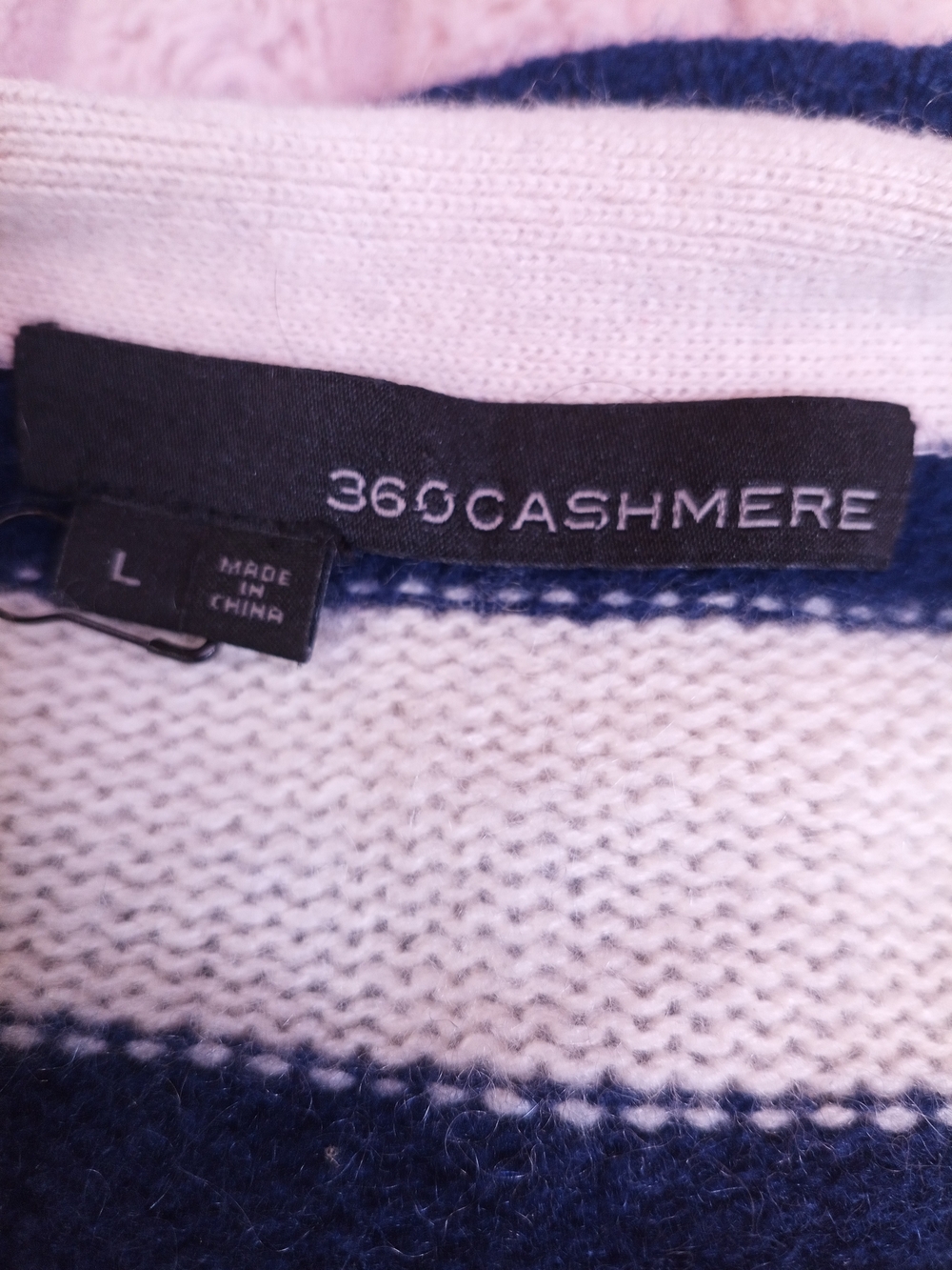 360 Cashmere Navy and Cream Striped Button-Front Cashmere Cardigan - Picture 6 of 8